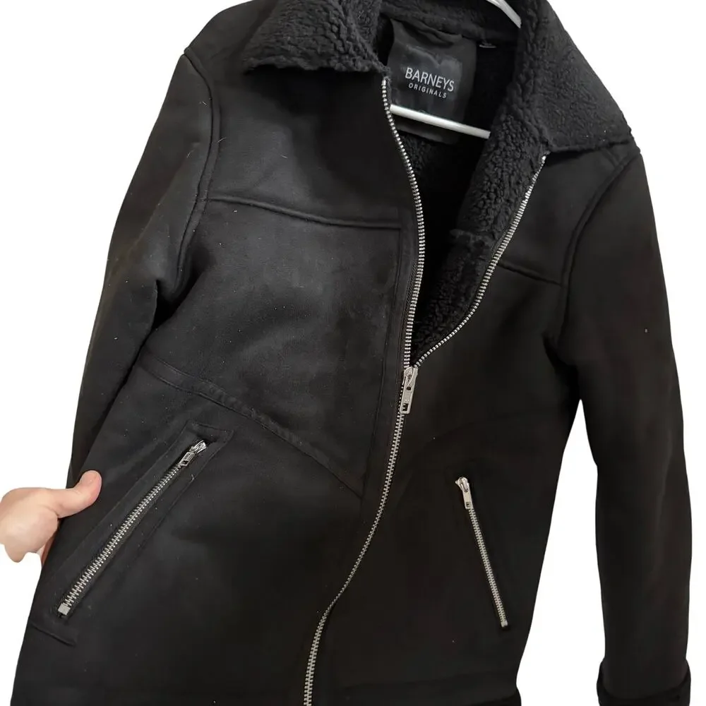 Barneys Original blk faux suede borg Lined Aviator Jacket sherpa-lined bkr sz S - Picture 9 of 13